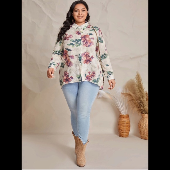 100% Linen Floral Blouse NEW 20 4X 4XL Watercolor Long Sleeve Button-up Collar - Picture 3 of 7